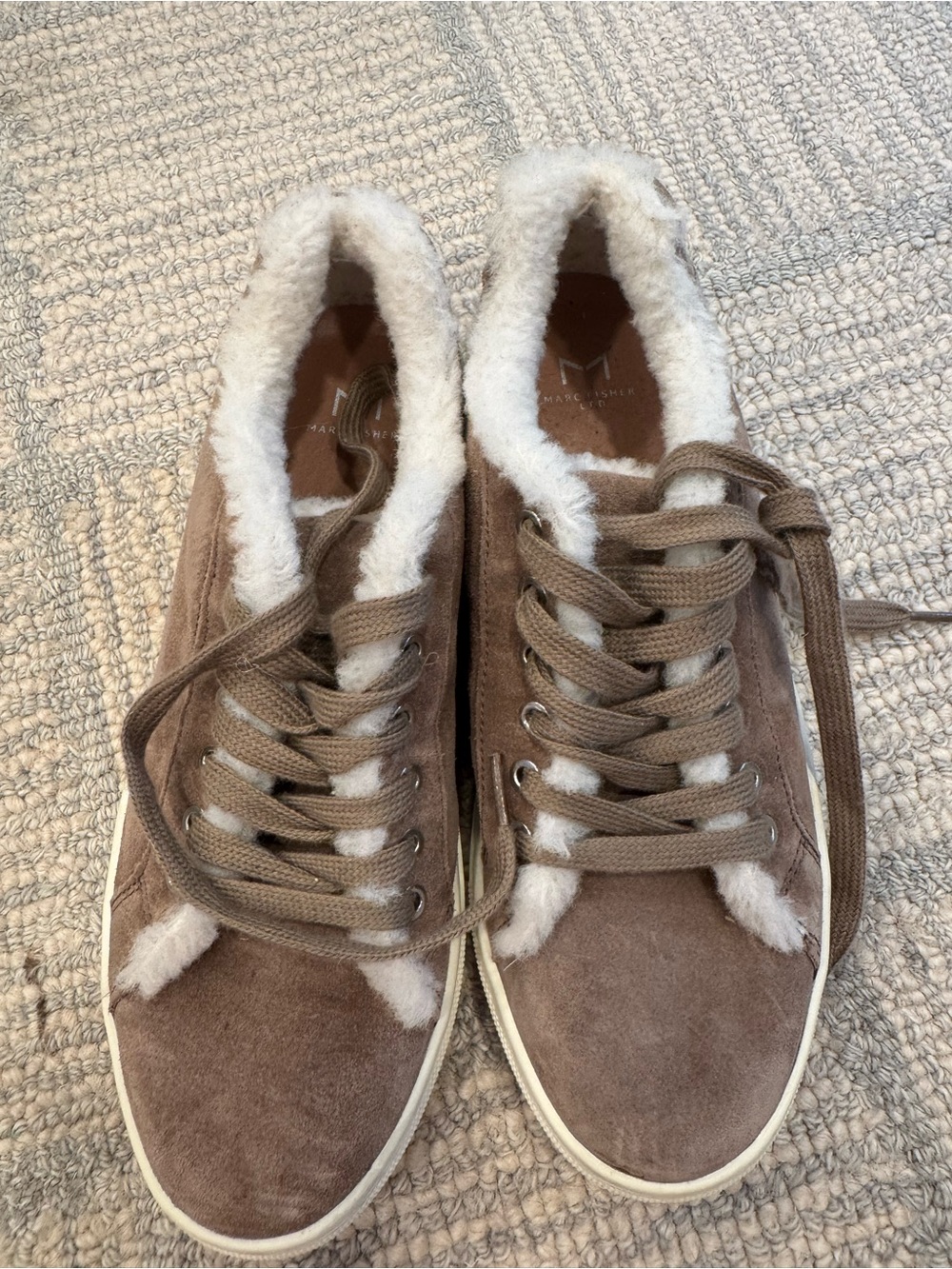 Marc Fisher Taupe Suede Fur-Trim Lace-Up Sneakers